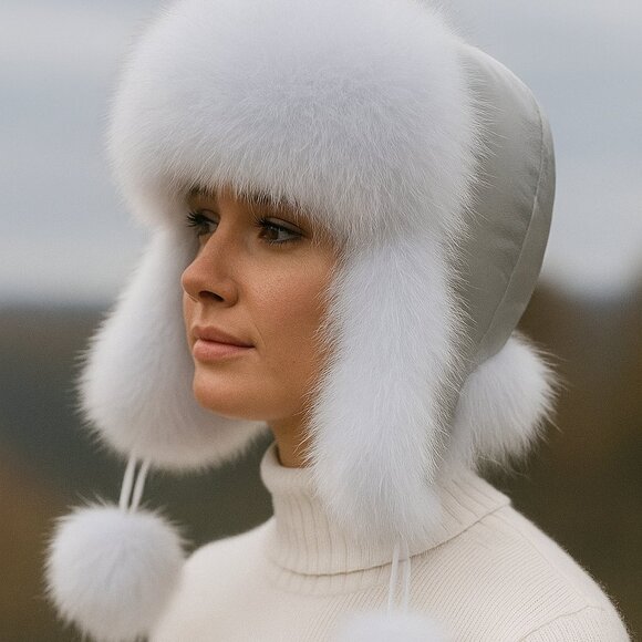 Real leather and fox fur hat, lined, soft grey, new item, Ushanka, Trapper hat - Picture 1 of 12